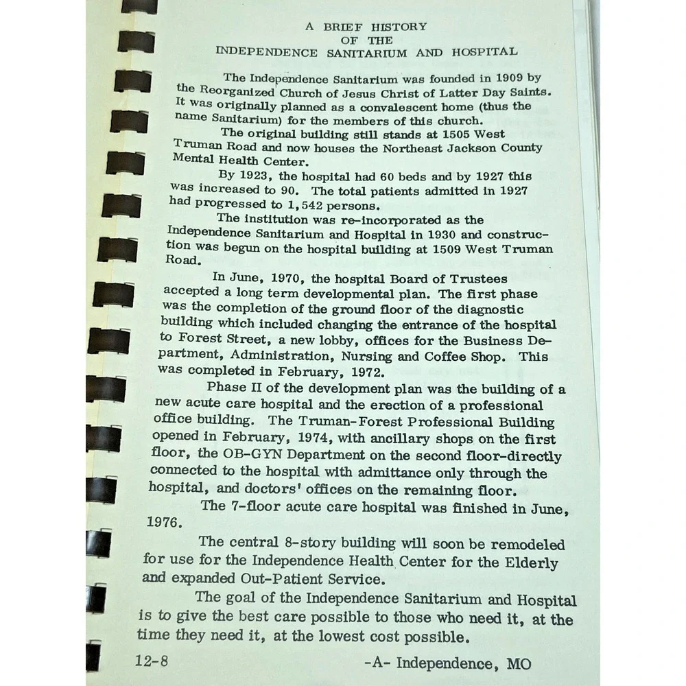Independence Missouri Sanitarium Psychopathic Hospital Auxiliary Cookbook VTG‎